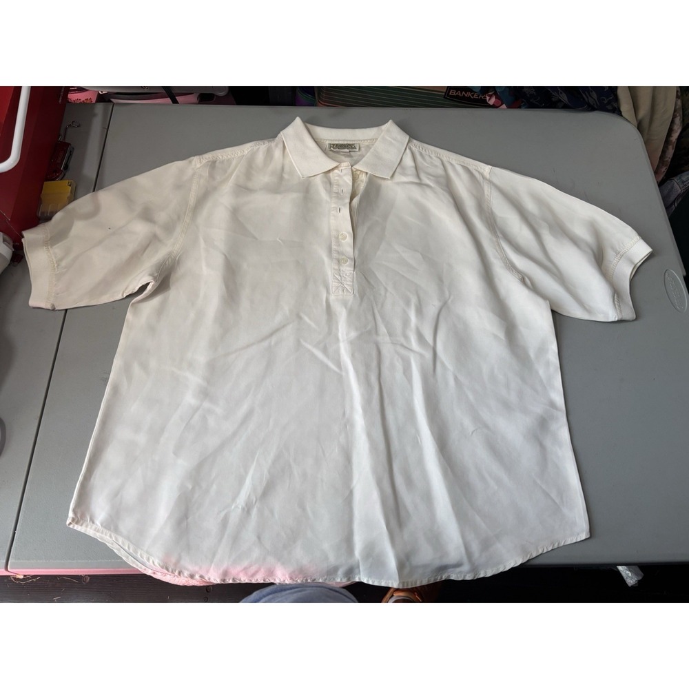 Vintage Womens 100% Silk Polo Shirt Corbin Threads White Size 10 Short Sleeve